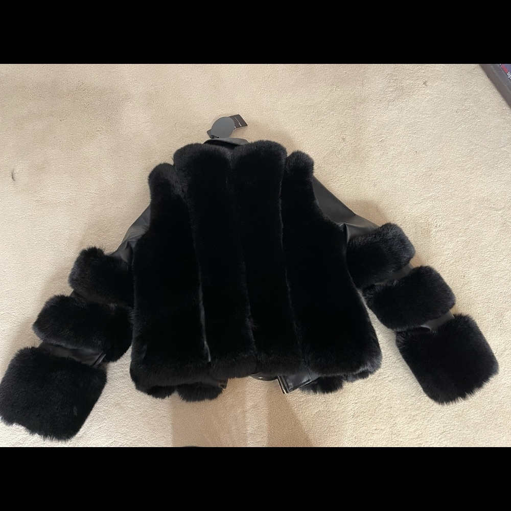 luna black faux fur pu aviator jacket